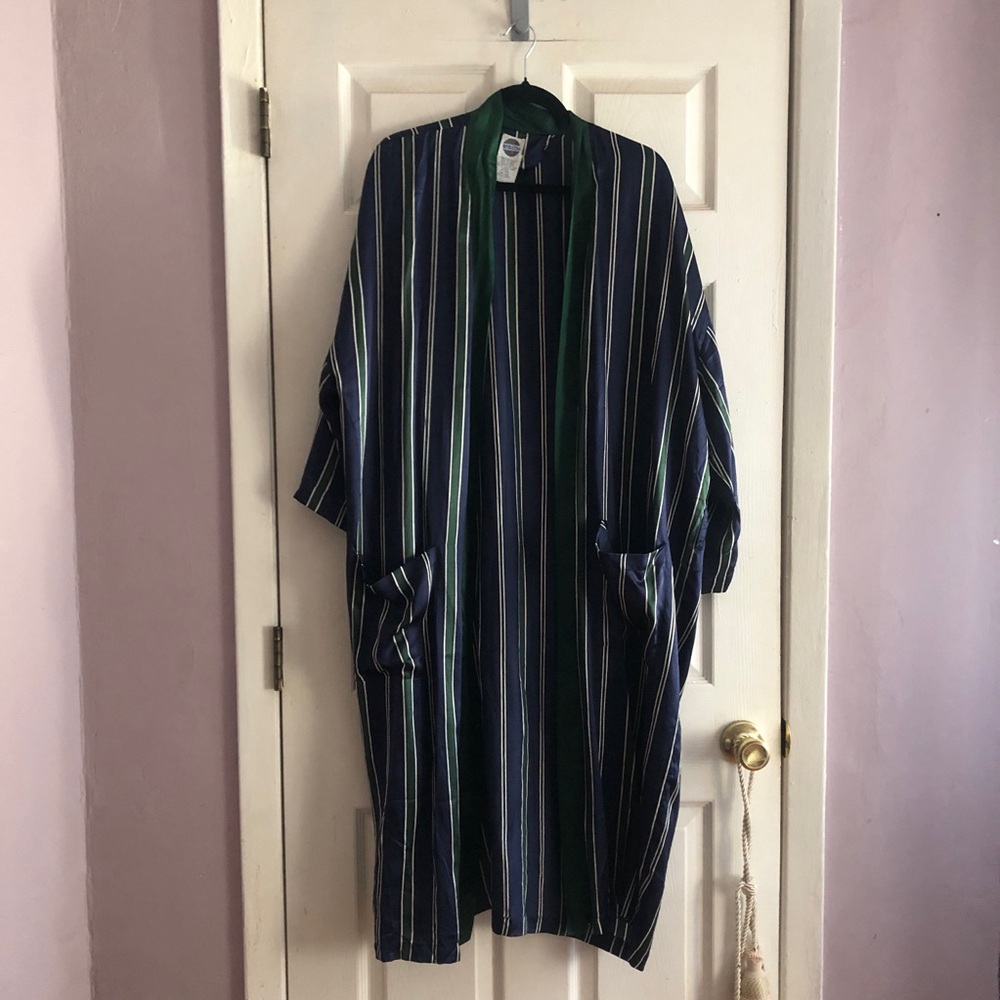 100% Silk Robe Reckless Lounge  + Shorts set Class Green Blue Stripe sz M